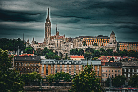 Magnificent church and hill landscape. Shooting Location: Hungary, Budapestの写真素材