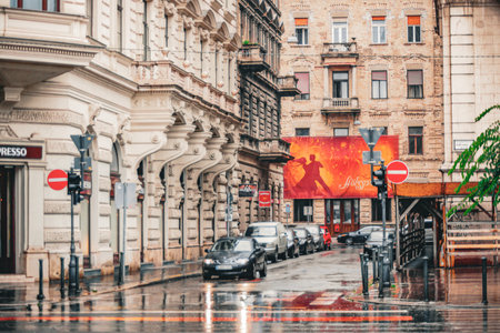 narrow alley between high-rise buildings. Shooting Location: Hungary, Budapestの写真素材