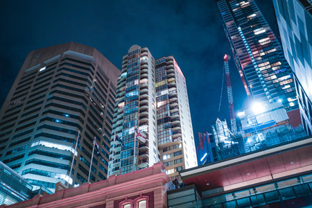 Night view of skyscrapers and cranes under construction. Shooting Location: sydney, australiaの写真素材