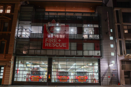 Fire station and red fire engine at night. Shooting Location: sydney, australiaの写真素材