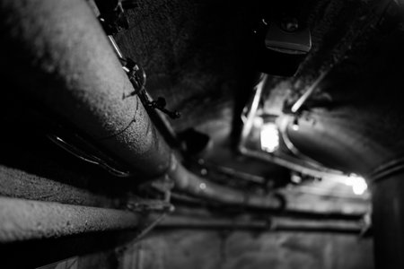 black and white photo of underground tunnelの写真素材