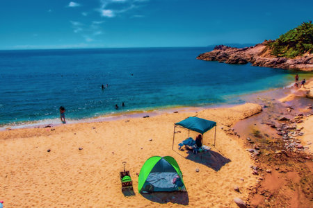 Campsite by the sea. Shooting Location: Yamagata Prefectureの写真素材
