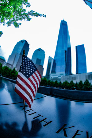 american flag and skyscraper. Shooting Location: new york, manhattanの写真素材