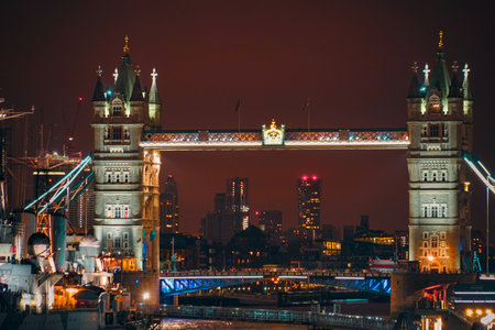 Night view of Tower Bridge and ships illuminated. Shooting Location: UK, Londonの写真素材