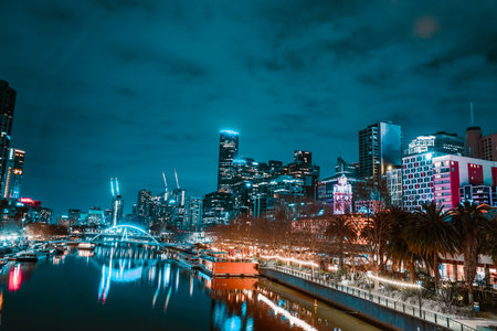 River and city landscape at night. Shooting Location: melbourne
