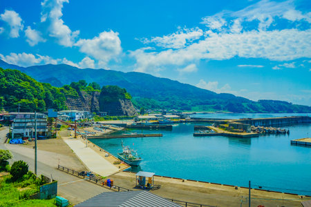 Scenery of the sea and fishing port in Yamagata Prefecture. Shooting Location: Yamagata Prefectureの写真素材