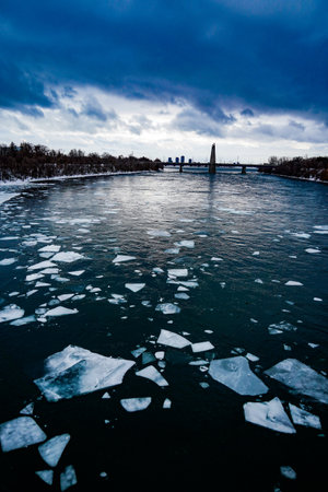 winter city and river landscape. Shooting Location: montreal, canadaの写真素材