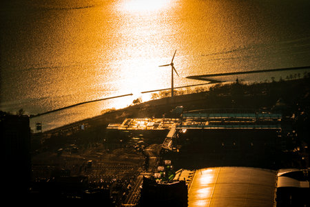 lake and wind turbines. Shooting Location: Torontoの写真素材
