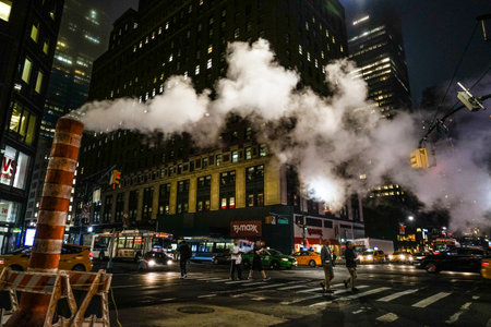 Steam rising street. Shooting Location: new york, manhattanの写真素材