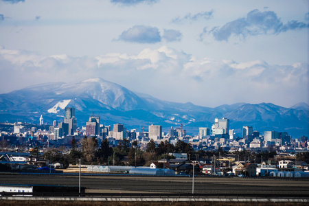 Blue sky and mountains of Sendai city. Shooting Location: Sendai City, Miyagi Prefectureの写真素材
