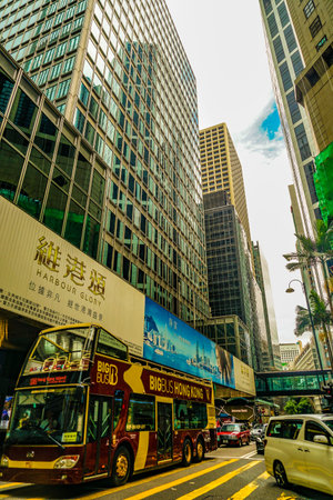 double decker bus in hong kong. Shooting Location: Hong Kong Special Administrative Regionの写真素材