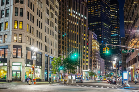 Intersection and street trees at night. Shooting Location: new york, manhattanの写真素材