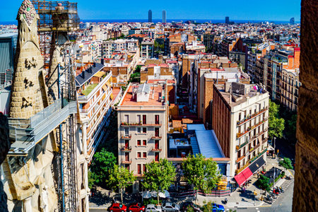 sea ??and cityscape. Shooting Location: Spain, Barcelonaの写真素材