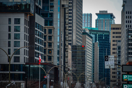 Buildings and Canadian flag. Shooting Location: montreal, canadaの写真素材