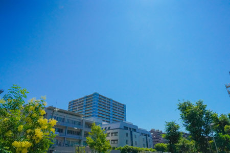 blue sky and buildings. Shooting Location: Hodogaya Ward, Yokohama Cityの写真素材