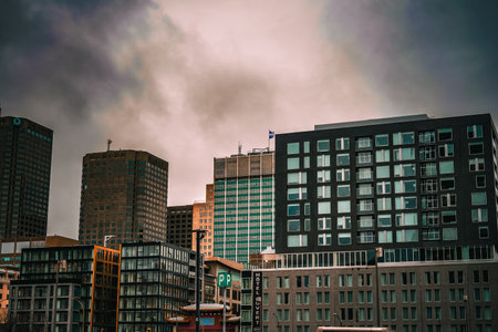 Modern architecture reflected in the street. Shooting Location: montreal, canadaの写真素材