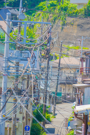 Electric wire and alley scenery. Shooting Location: Hodogaya Ward, Yokohama Cityの写真素材