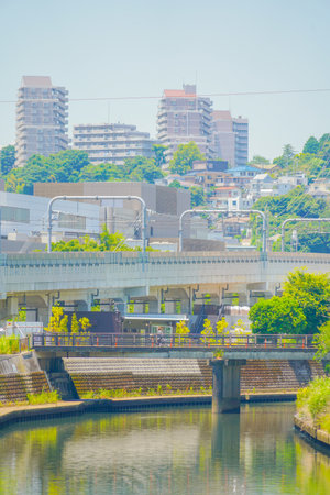 Quiet riverside scenery of Hoshikawa, Yokohama City. Shooting Location: Hodogaya Ward, Yokohama Cityの写真素材