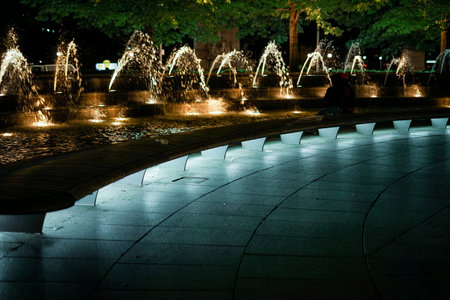 fountain and lights at night. Shooting Location: manhattanの写真素材