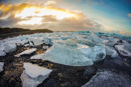 Morning sun and ice blocks (Iceland). Shooting Location: iceland