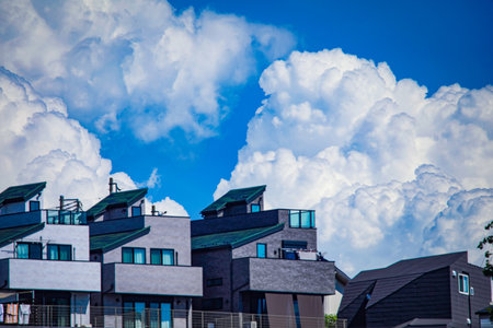 Landscape of houses and summer sky. Shooting Location: Kanagawa Ward, Yokohama Cityの写真素材