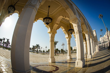 white and blue arched building. Shooting Location: abu dhabiの写真素材