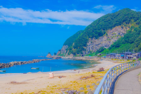blue sea and white sand. Shooting Location: Yamagata Prefectureの写真素材