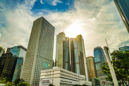 Hong Kong skyscrapers and blue sky. Shooting Location: hong kong special administrative regionの写真素材