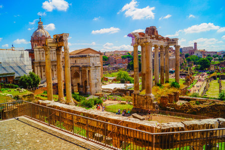 Tourists and ruins of the Roman Forum. Shooting Location: italy, romeの写真素材