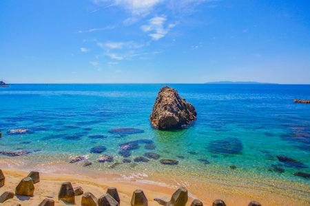 rocks and sea blue. Shooting Location: Yamagata Prefectureの写真素材