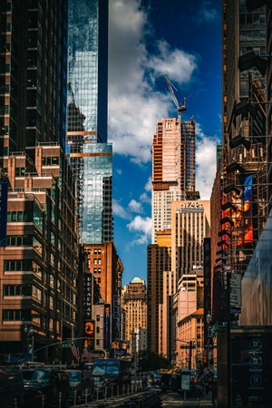 Skyscraper street with dark blue sky. Shooting Location: new york, manhattan