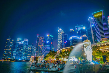 Singapore Merlion at night. Shooting Location: Singaporeの写真素材