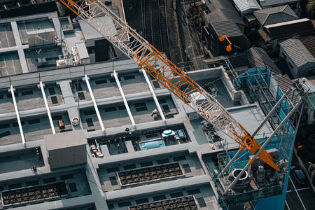 Aerial view of a construction crane. Shooting Location: Chuo Ward, Tokyoの写真素材