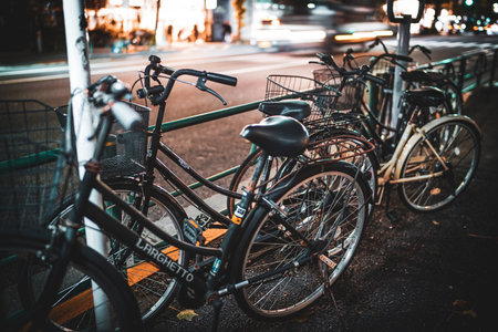 Bicycles lined up on the sidewalk. Shooting Location: Nakano Ward, Tokyoの写真素材
