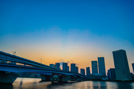 Sunset and the Bay Bridge. Shooting Location: Koto Ward, Tokyoの写真素材