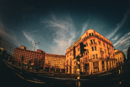 A street corner dyed in the sunset.