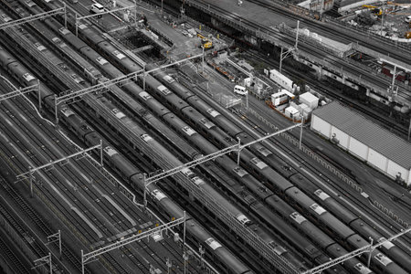 Monochrome train depot. Shooting Location: Minato Ward, Tokyo