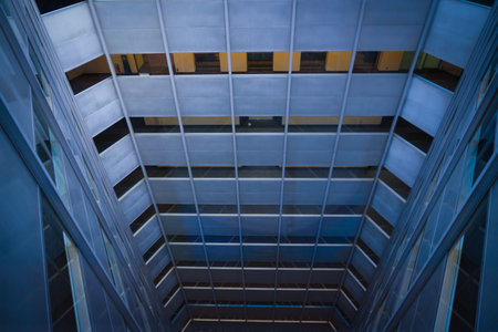 Blue atrium structure. Shooting Location: Shinjuku Ward, Tokyo