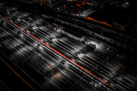 Night view of a red train running. Shooting Location: Minato Ward, Tokyo