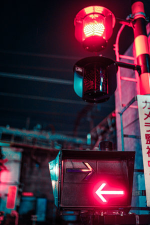 Neon-colored railroad crossing signals. Shooting Location: Minato Ward, Tokyoの写真素材