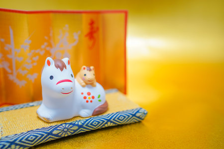 Horse and Child and Gold Screen. Shooting Location: Kanagawa Ward, Yokohama Cityの写真素材