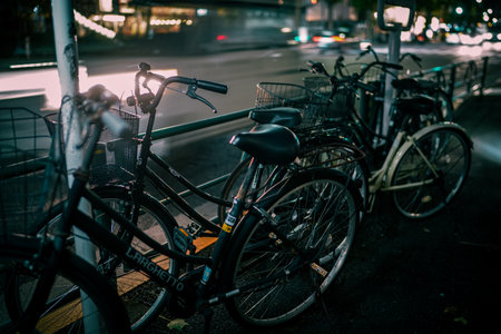 Bicycle parking lot and bicycle line at night. Shooting Location: Nakano Ward, Tokyoの写真素材