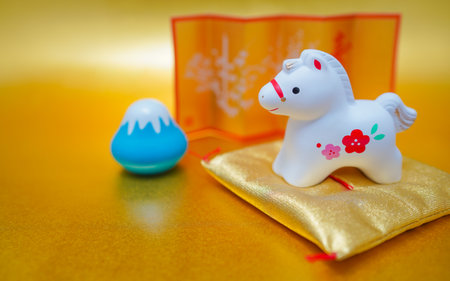 Horse figurine and Mount Fuji. Shooting Location: Kanagawa Ward, Yokohama Cityの写真素材