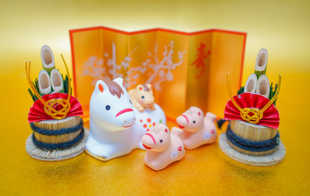 New Years decoration set of horse and baby and Kadomatsu. Shooting Location: Kanagawa Ward, Yokohama Cityの写真素材