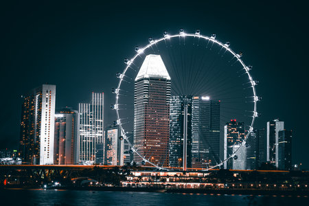 A giant Ferris wheel shining in the night sky. Shooting Location: Singaporeの写真素材