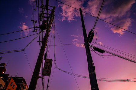 Purple sky and crossing power lines. Shooting Location: Kohoku Ward, Yokohama City
