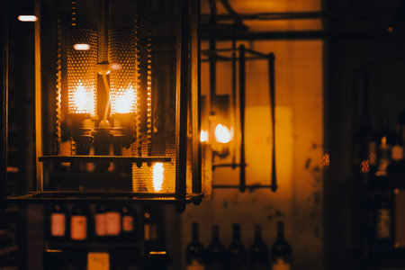 A wine bar lit in warm colors. Shooting Location: Toronto