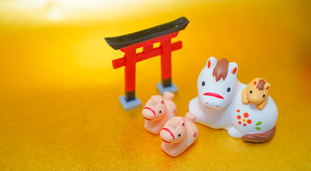 Horse and foal (New Years card material). Shooting Location: Kanagawa Ward, Yokohama Cityの写真素材