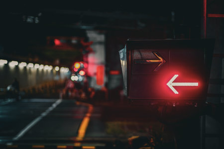 Arrow signal floating in the darkness. Shooting Location: Minato Ward, Tokyo