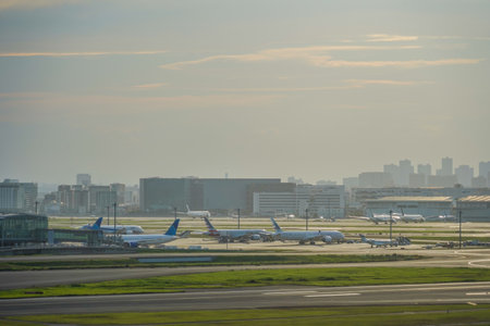 Haneda Airport parking lot at sunset. Shooting Location: Ota Ward, Tokyoの写真素材